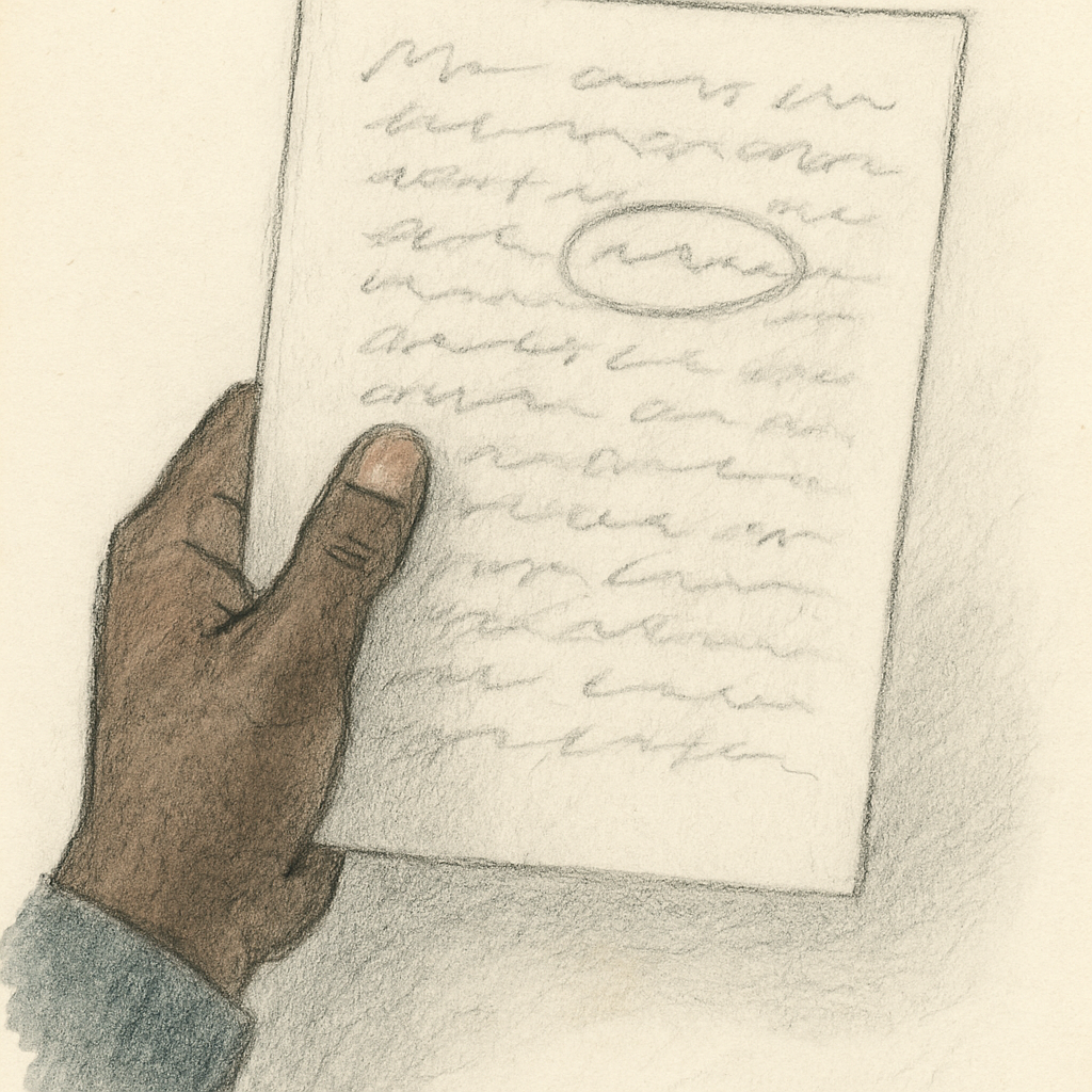 A hand holding a sheet of paper covered in indistinct script, with one line near the middle circled in pencil — the rest