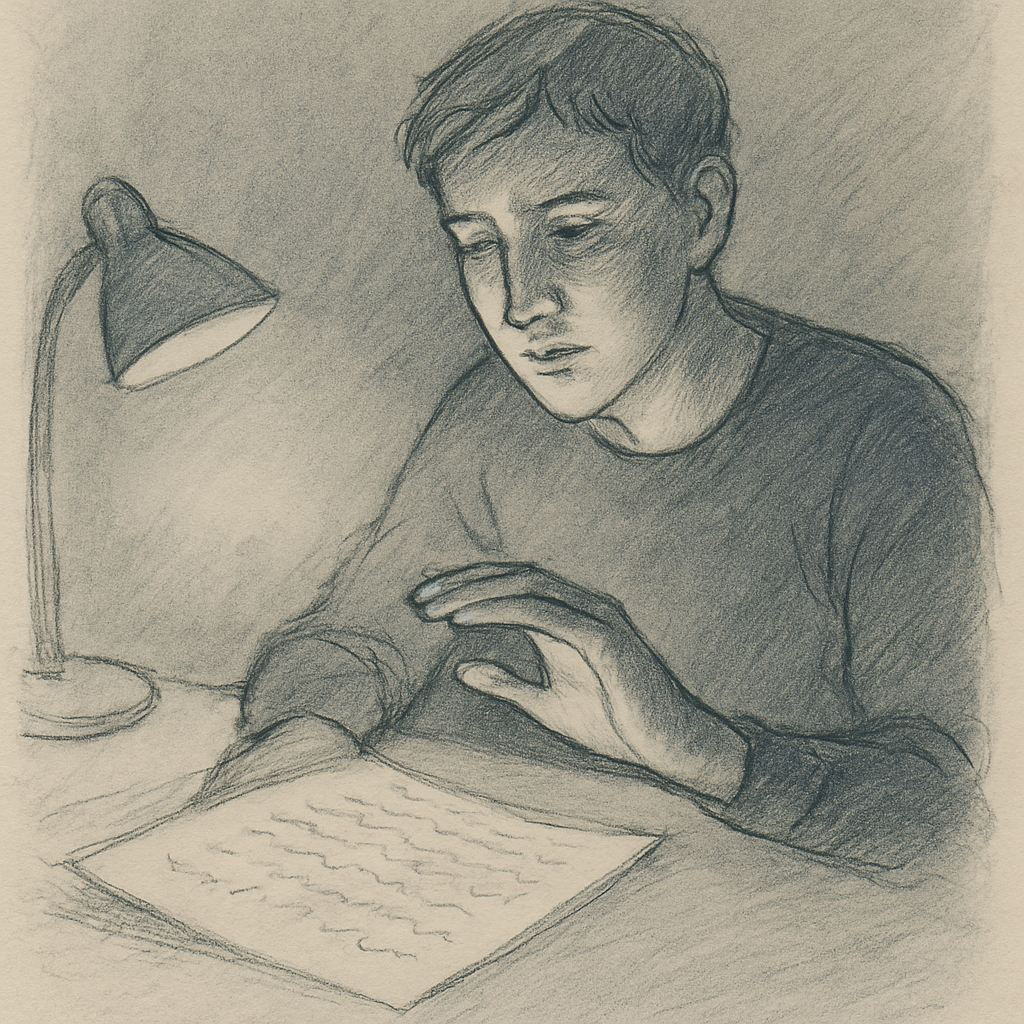 A person reading a handwritten draft at a desk, their face lit from below by a lamp, one hand hovering over the page wit