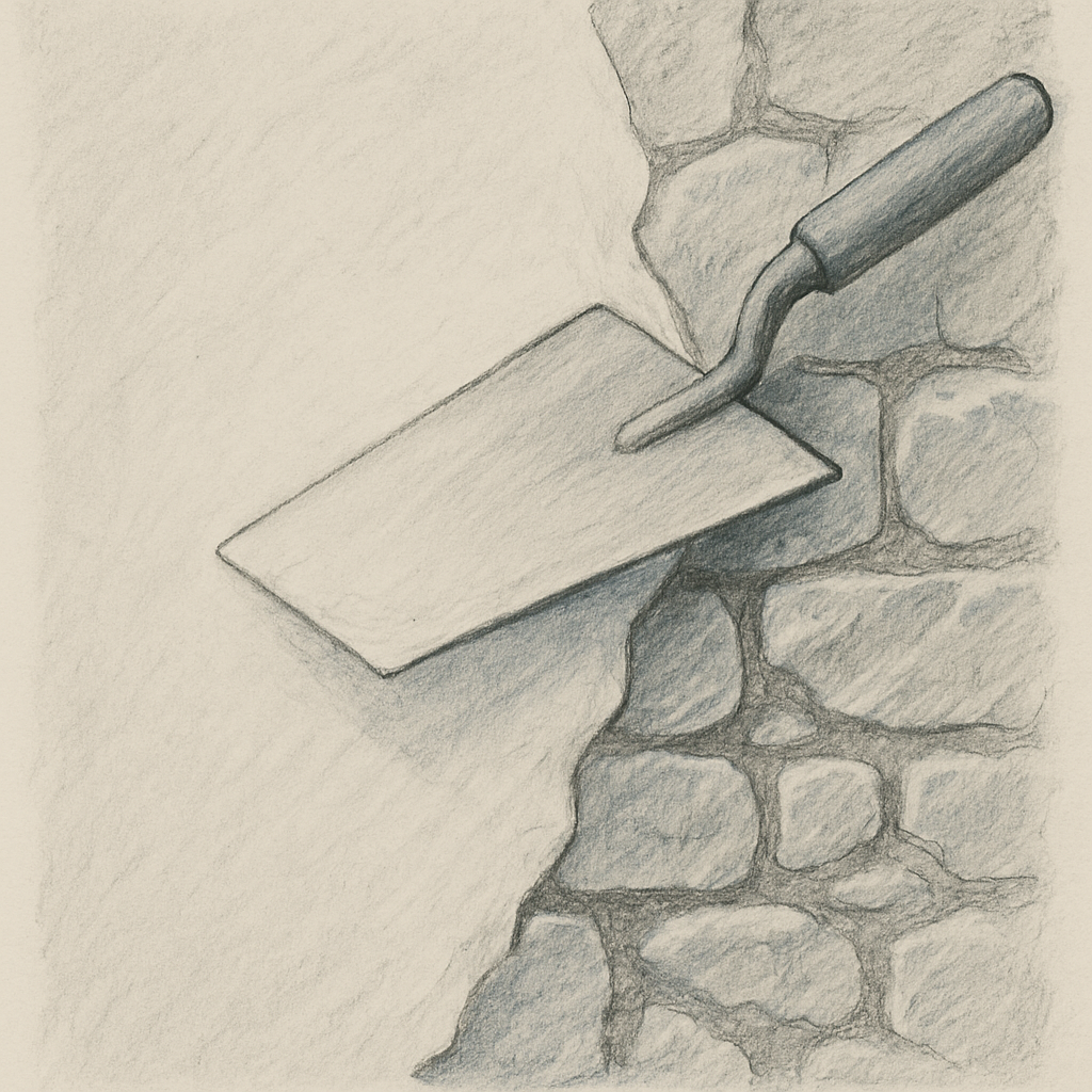 A layer of smooth plaster being applied over rough, textured stonework, covering it until the surface is blank and even