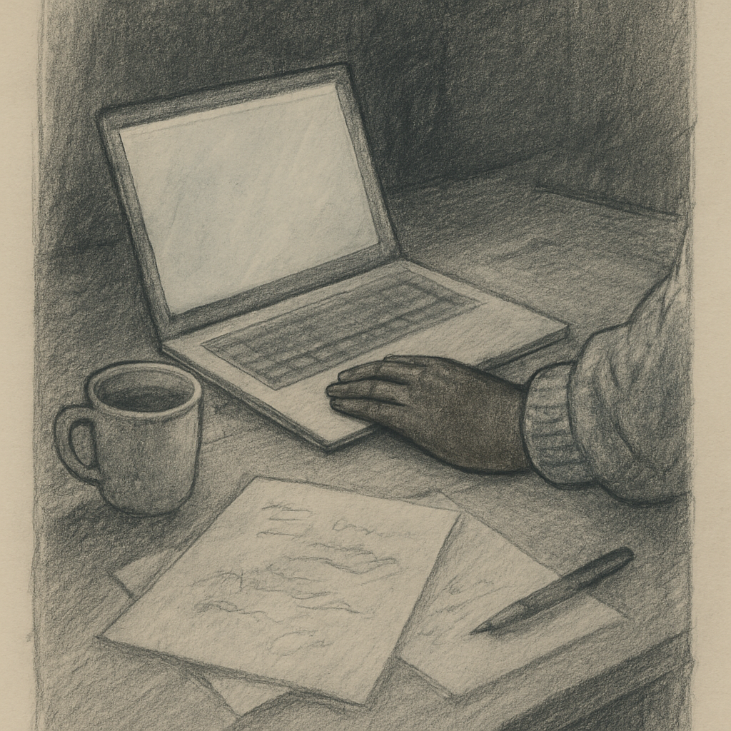 A crowded desk at night with a laptop screen casting pale light, a half-finished cup of coffee gone cold beside it, and 