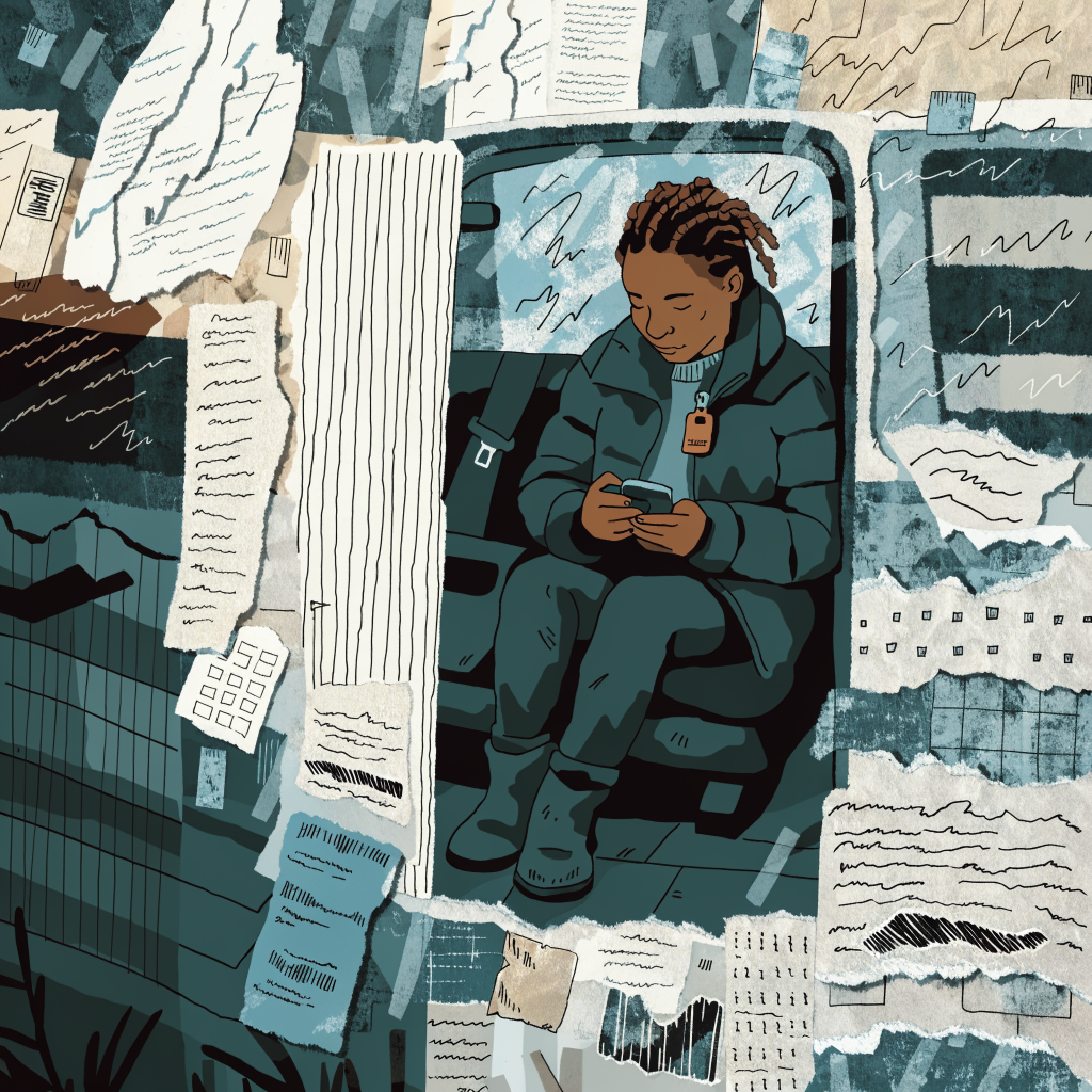 The Writer in a parked minivan in grey daylight, seen through the passenger window from outside — she is looking at a ph