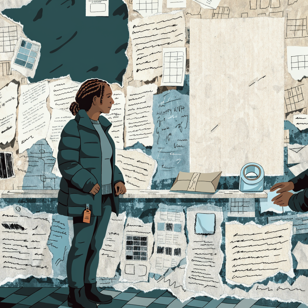 The Writer at a post office counter, a small padded envelope on the counter in front of her — packing tape, the clerk's 