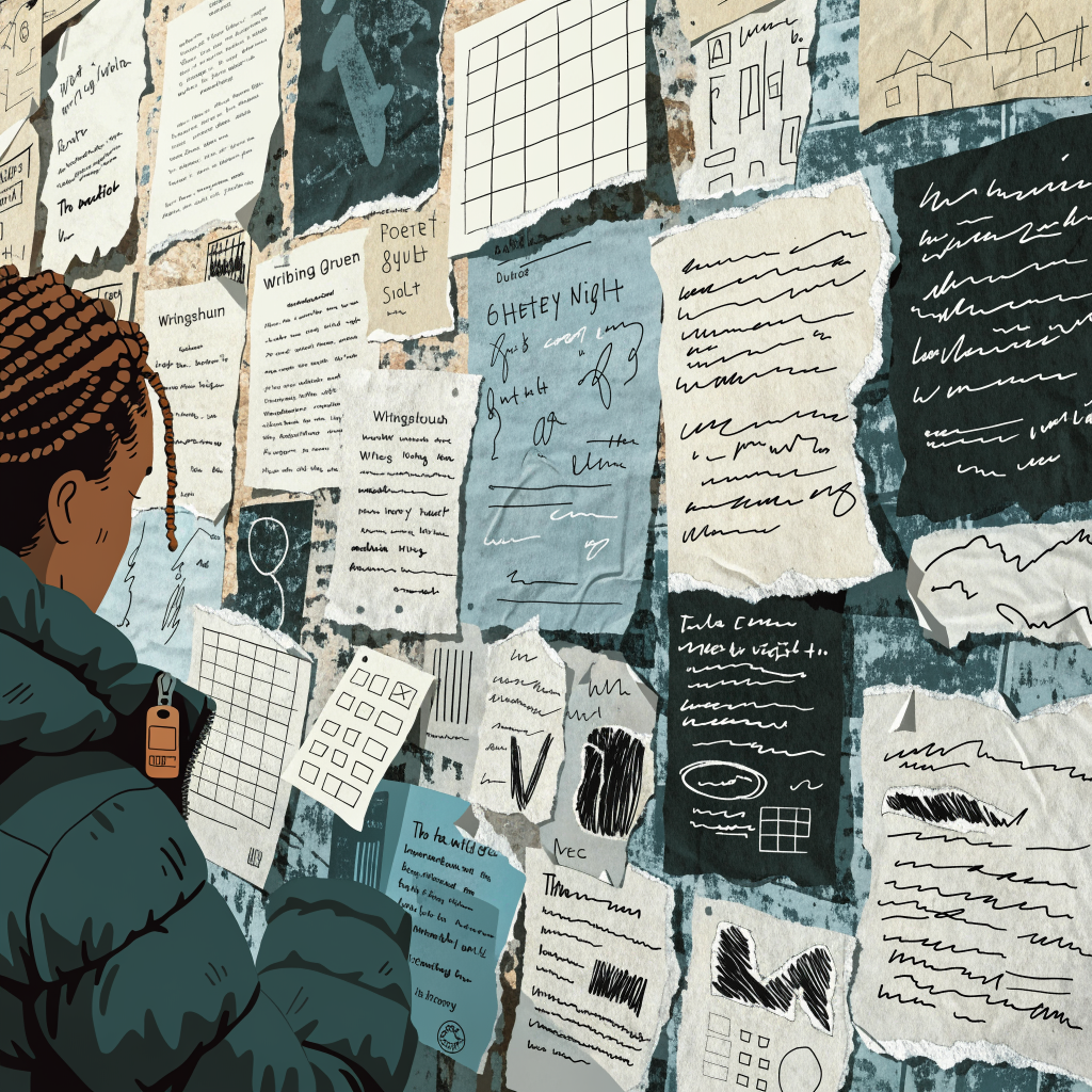 A community-center corkboard seen close, dense with flyers overlapping — workshop announcements, a writing group, a poet